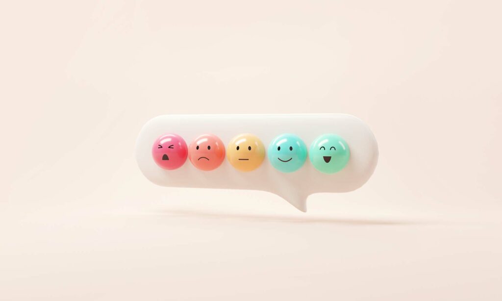 set emojis in a speech bubble with a sad and happy mood